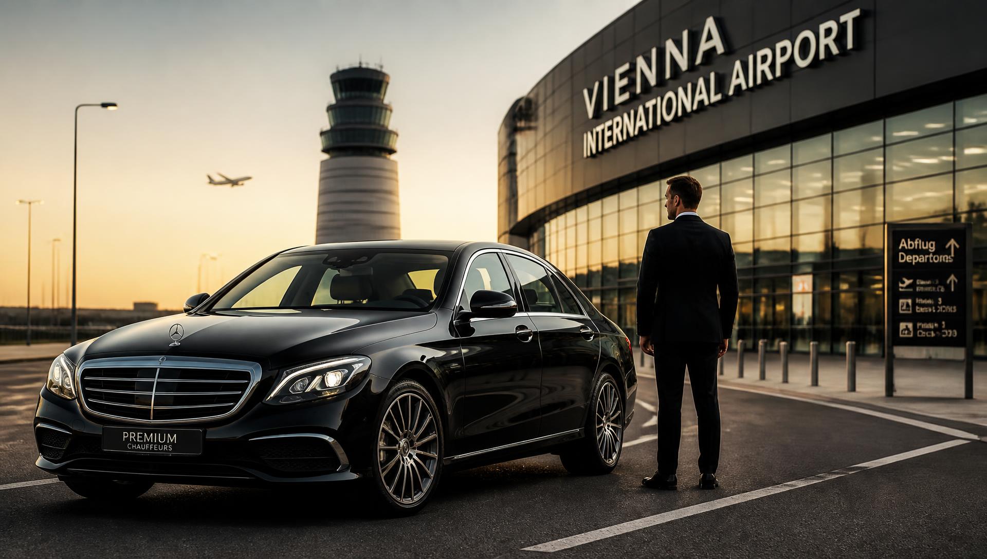 Schwarze Mercedes E-Klasse mit Chauffeur vor dem Terminal des Flughafen Wien